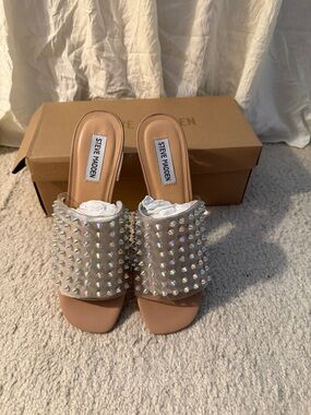 Steve Madden Nude Iridescent Studded Slide Mules